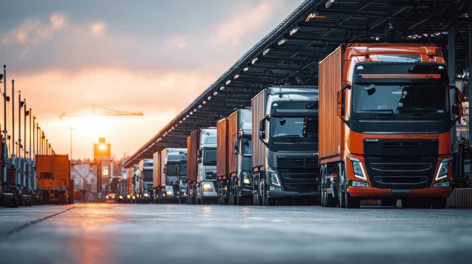 commercial trucks lined up logistics hub sunset scaled.jpg